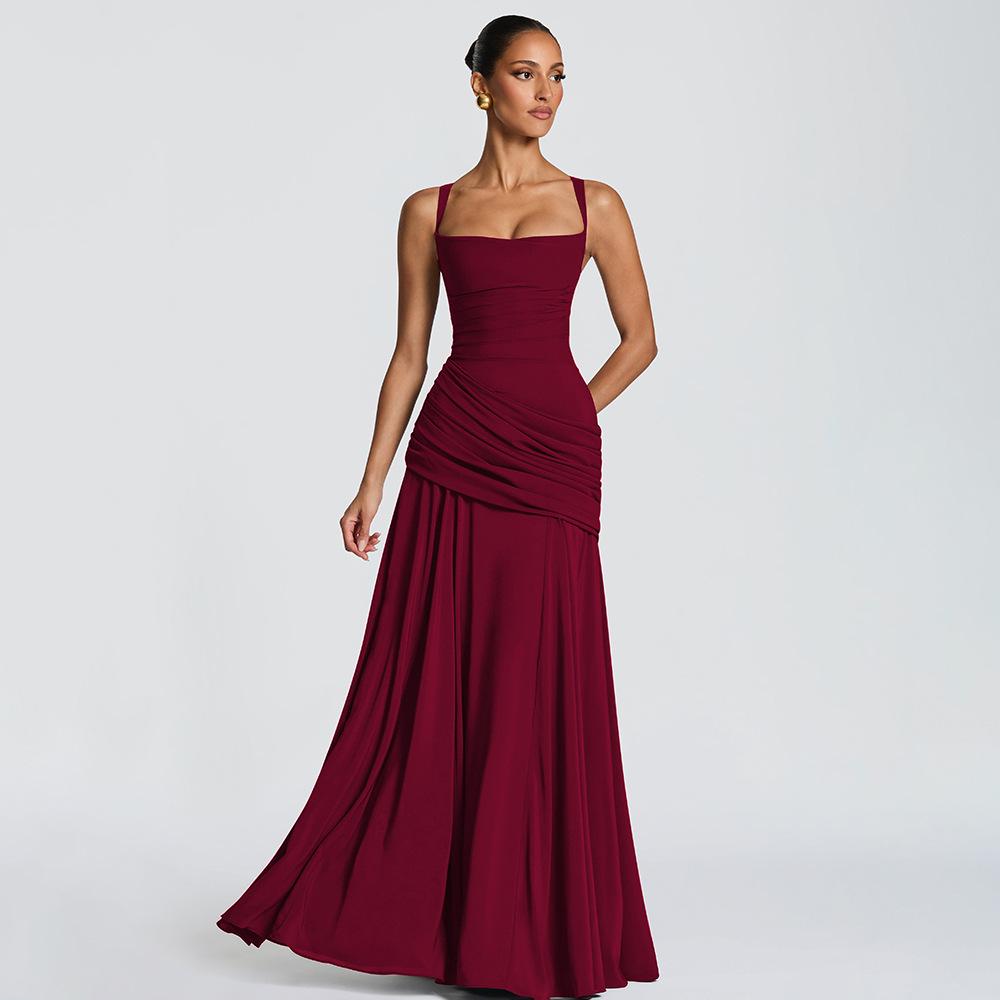European and American versatile women's clothing temperament elegant suspender pleated dress sexy slim fit solid color temperament dress