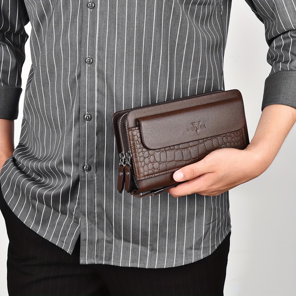 WEIXIER Men Clutch Bag Fashion PU Leather Long Purse Double Zipper Business Wallet Black Brown Male Casual Handy Bag