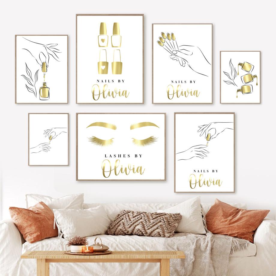 Золотая фольга для ногтей, плакаты с ресницами и принты, лак для ногтей, подарок, студия красоты, косметолог, салон, настенная живопись на холсте, декор для комнаты