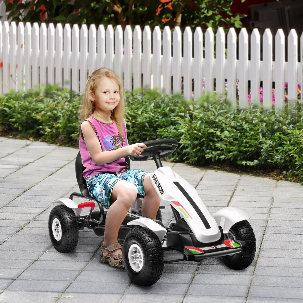 Go-Kart Pedal Car with Hand Brake, Adjustable Seat, Forward and Reverse Gear, up to 50kg for Children 5-12 Years, White