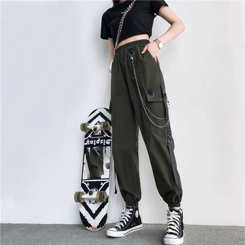 Женские брюки-карго, черные джоггеры, высокая талия, шаровары в стиле Харадзюку, панк-готика, techwear, цепные брюки, женские, хип-хоп