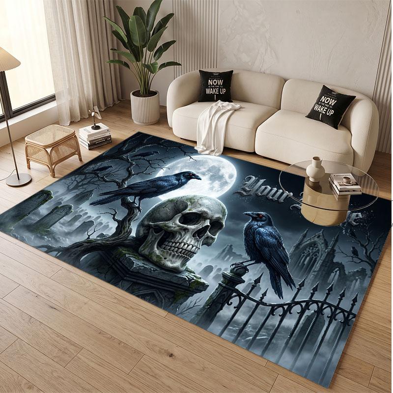 Skull Gothic Theme Soft Crystal Velvet Rug Custom Name & Text Print Non Slip Floor Rug for Bedroom Living Room