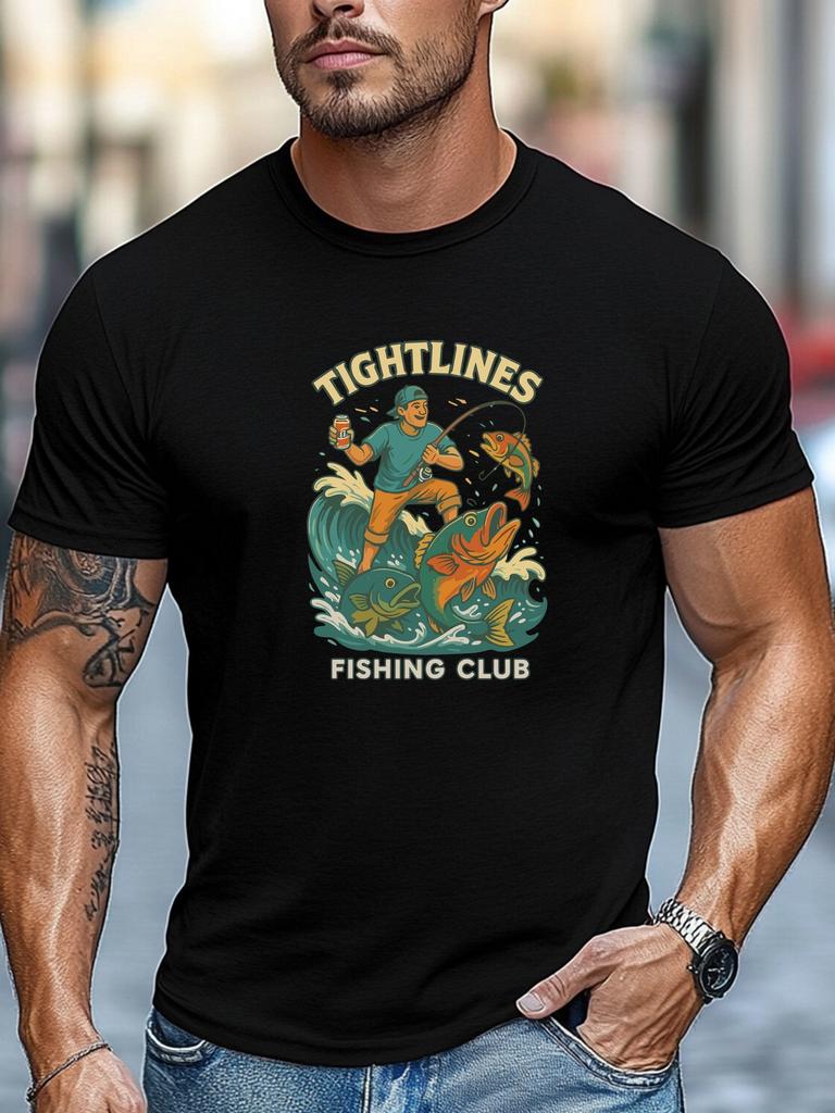 Мужская летняя футболка для рыбалки Tightlines Fishing Club с принтом, короткий рукав, круглый вырез, дышащая, для рыбака, повседневная
