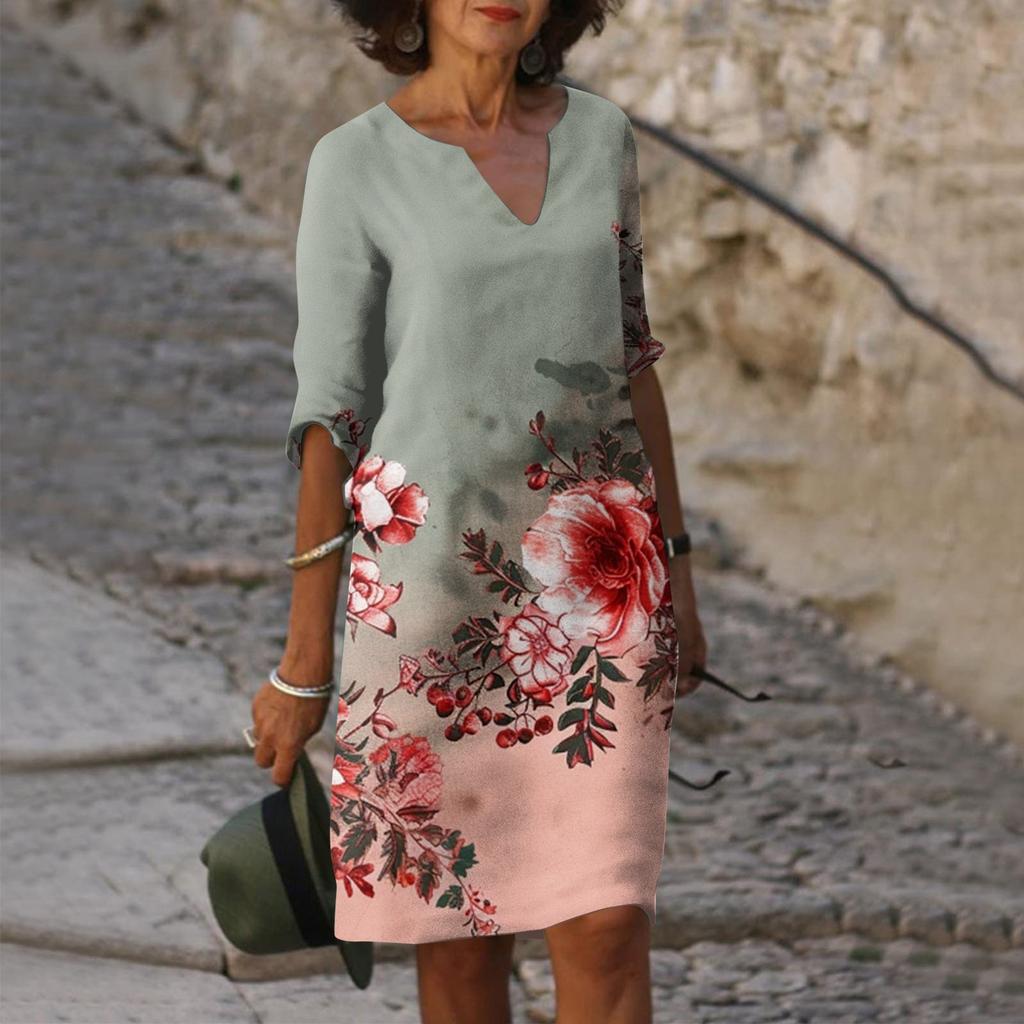 Women's Summer Casual Fashion Five-quarter Sleeve Printed V-Neck Loose Mid-Length Dress