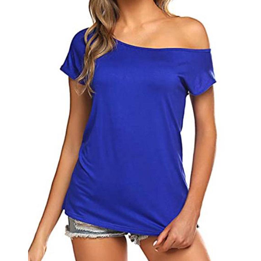 Korean Style Casual Women's Slanted Neck Off-Shoulder Irregular Short-Sleeve T-shirt