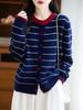 CHAO Stylish Preppy Striped Wool Cardigan - Single-Breasted, Round Neck, Double-Ply Thick Knit
