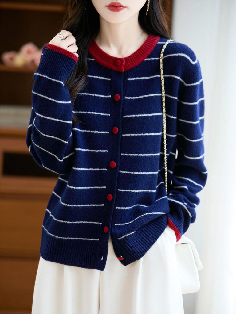 CHAO Stylish Preppy Striped Wool Cardigan - Single-Breasted, Round Neck, Double-Ply Thick Knit