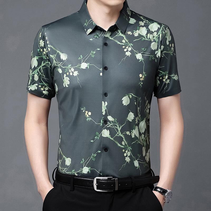 Рубашка мужская с короткими рукавами, летняя одежда, средний возраст, шелк льда, напечатанный, тонкая свободная рубашка с короткими рукавами, мужской кардиган с принтом, топ