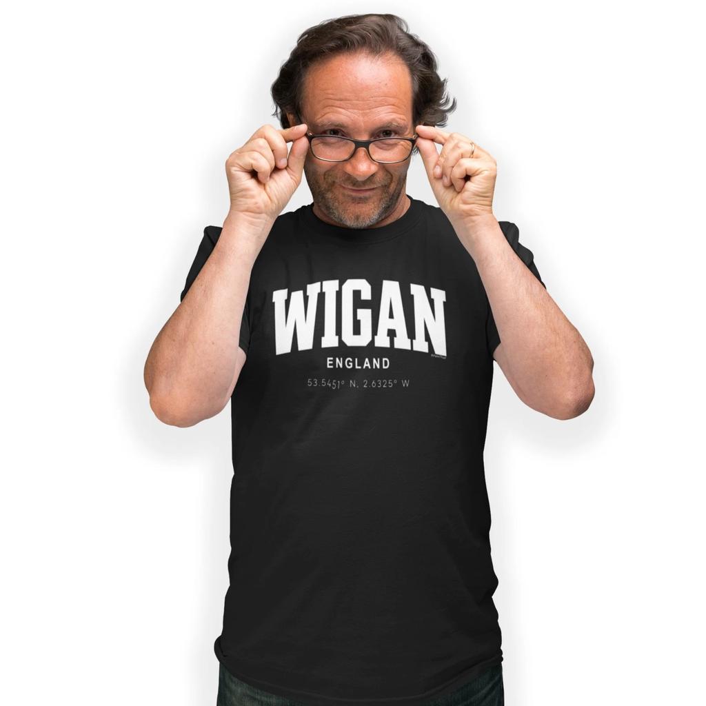 Wigan Varsity Style Print With Coordinates Hand Printed T-Shirt Size S - 5XL