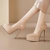 Fashion Black Patent Shoe High Heels Pointed Toe Nude Platform Sexy Pump Sandals Ladies All-Match Leather Spikes Beige 12cm Crossdresser
