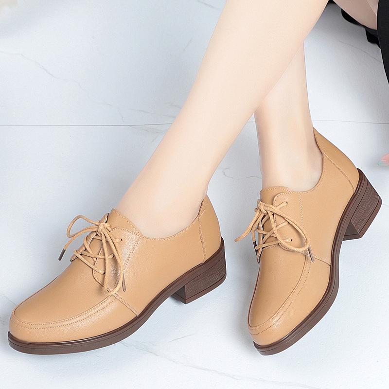 Мягкая подошва, Мягкая шнуровка спереди, Удобный средний каблук, Неутомительные ноги, Маленькие кожаные туфли, Однотонные, Универсальная рабочая обувь, Отдельные туфли