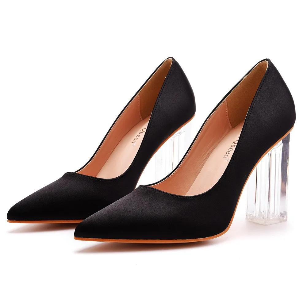 Женские туфли на каблуках с прозрачным каблуком и острым носком для женского танца, шелковое атласное платье невесты, свадебный банкет и женская обувь