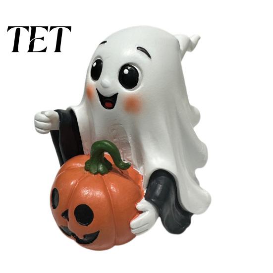 Exquisite Craftsmanship Resin Art Halloween Ghost Decoration, Holding Pumpkin Figurine with Witch Adorable Set Hat, Spooky Cute Tabletop Decor