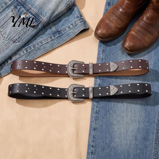 Hot Girl Style Waist Belt 105cm Retro Rivet for Women, Adjustable Imitation Leather with Double Everyday Casual Outfits Row Grommets & Carved