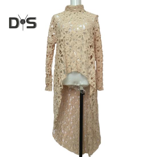 Женское длинное платье с вырезом сверху, нерегулярным вязанием крючком, кружевом, цветочным узором, прозрачной короткой передней частью и длинной задней частью, с полувысоким воротником и длинными рукавами