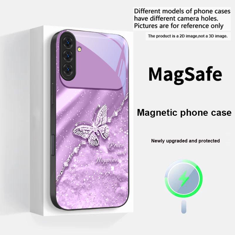 Элегантный синий бабочка Для Samsung S25 S25 Edge S25Ultra S8 9 10 20 S21 Pro 22 Plus S23 FE S24 Ultra Magsafe Стеклянный Чехол для Телефона
