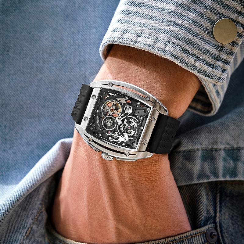 WM Watch Automatic Mechanical Watches Man Skeleton Stainless Steel Sapphire Crystal Tonneau Welly Merck Watch WM083
