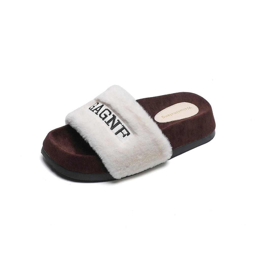 Woman Faux Wool Insole Flat Slippers Round Head Open Toe Slingback Indoor Slipper 2024 Women Winter Female Plush Fur Slippers