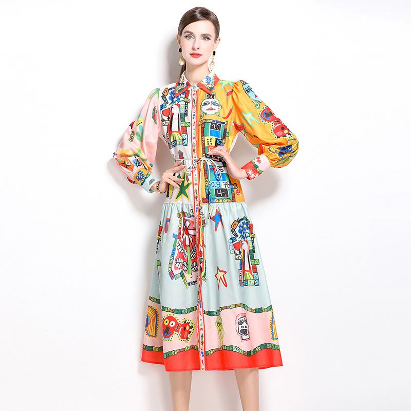 Spring Autumn Women Brand Designer Print Runway Dress Turn-down Collar Shirt Party Dresses With Belt