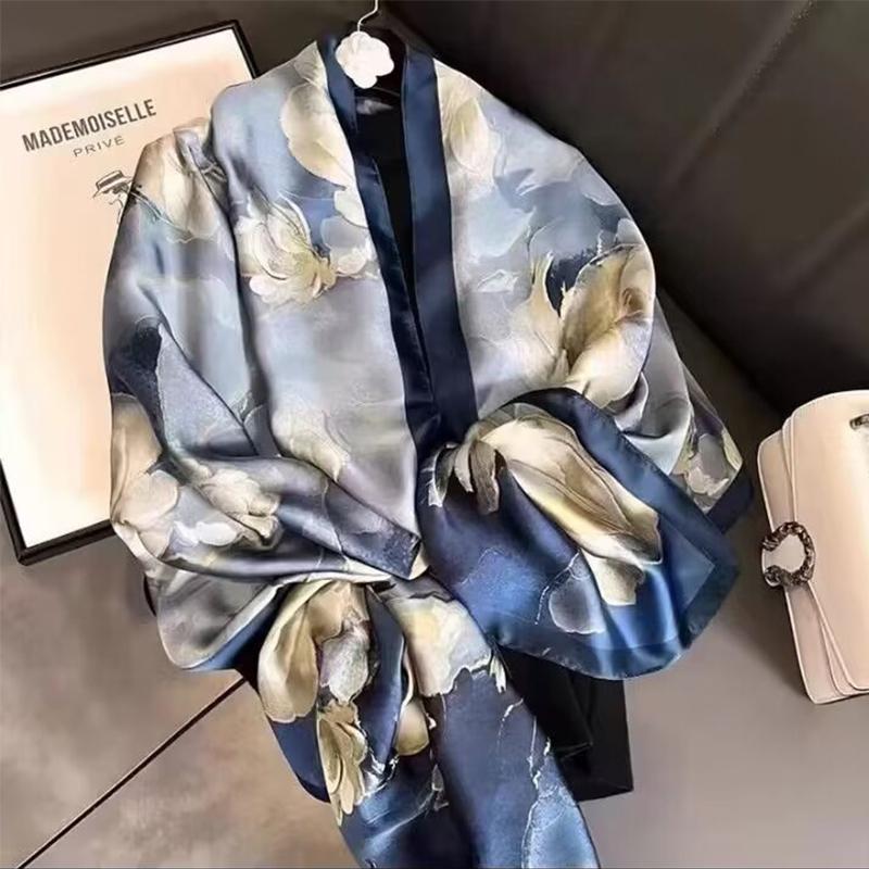 Large Silk Soft Scarf Women Stylish Print Long Shawl Handkerchief Summer Sun Protection Elegant Travel Wrap Handkerchief