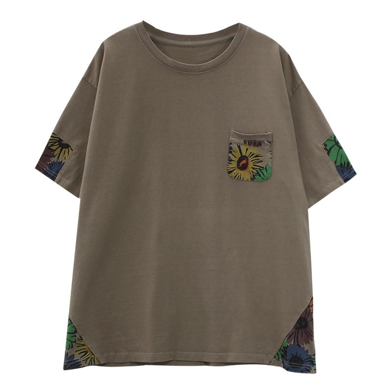 DIMANAF Повседневная футболка свободного кроя с цветочным принтом и лоскутным шитьем из хлопка для лета и дома