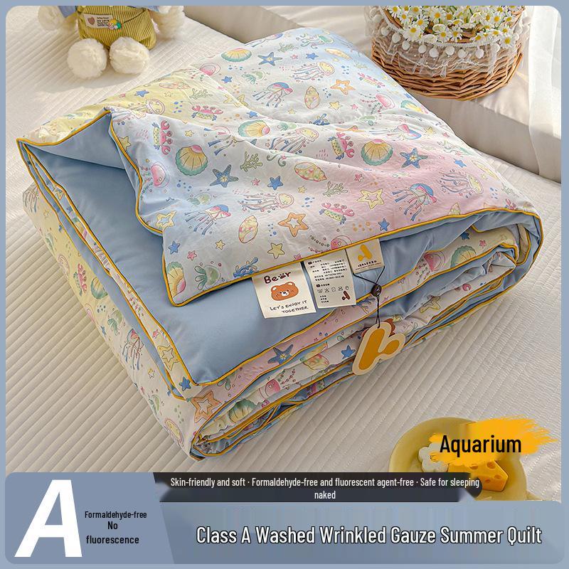 Washable Cotton Double Gauze Cartoon Summer Quilt for Mother and Baby - Soft, Fresh, and Thin Air Conditioning Blanket
