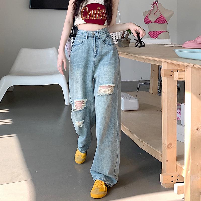 Ripped jeans women's wide-leg pants new loose and thin high-waisted straight tube drape pants
