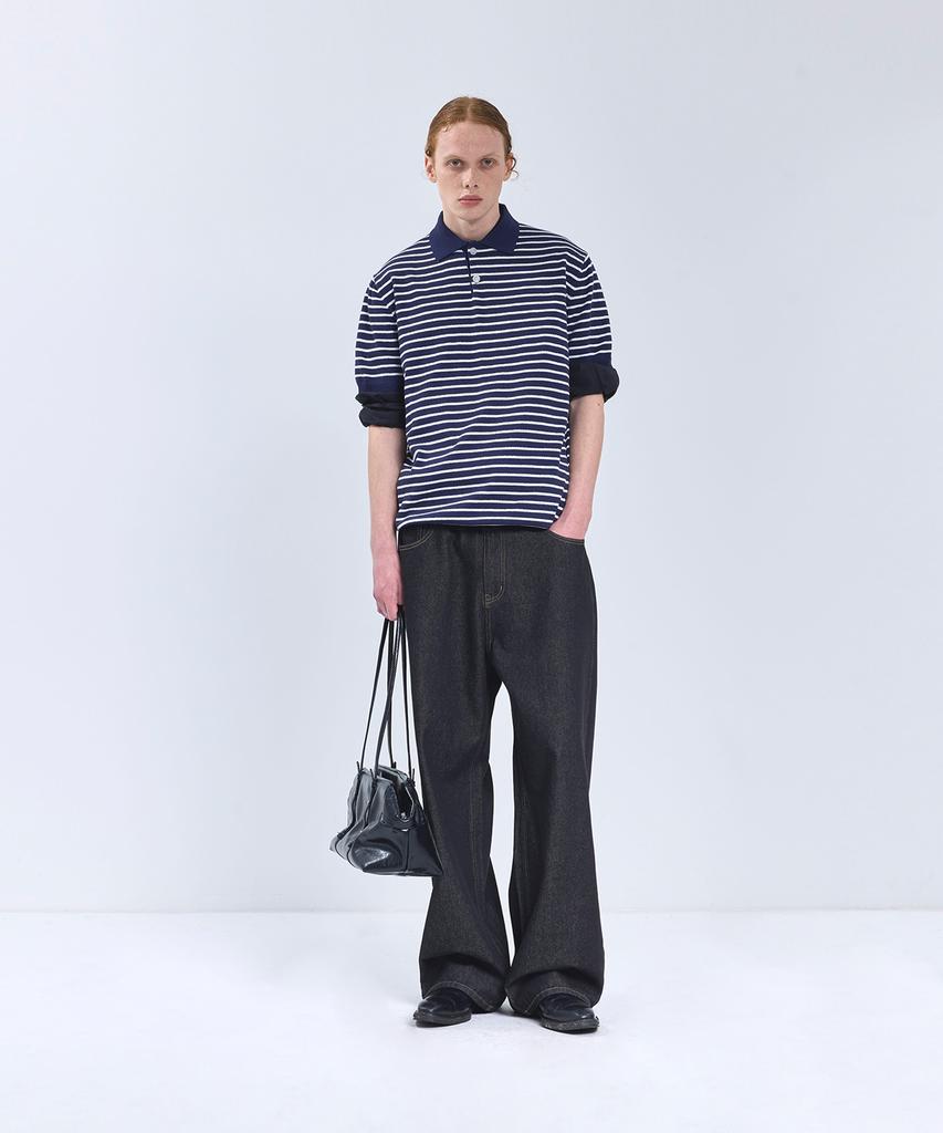 IRONYPORNO WHITELINE 86-Iro358 Color Stripe Button Collar Short Sleeve Knit Navy