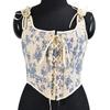 Women's French Strap Corset Retro Orchid Printed Lace Vest Top
