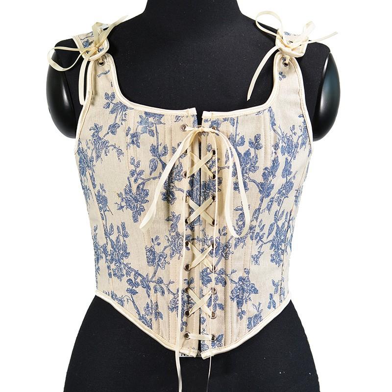 Women's French Strap Corset Retro Orchid Printed Lace Vest Top