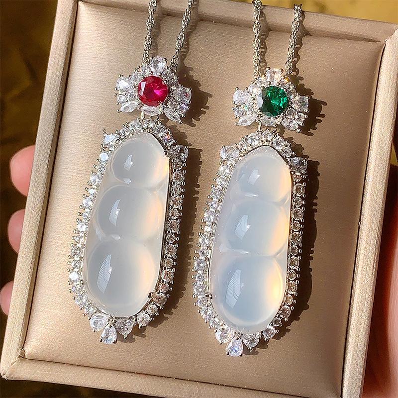Jewelry Pendant Inlaid With White Ice Chalcedony String Beans Necklace Temperament Jade Pendant Pendant Female