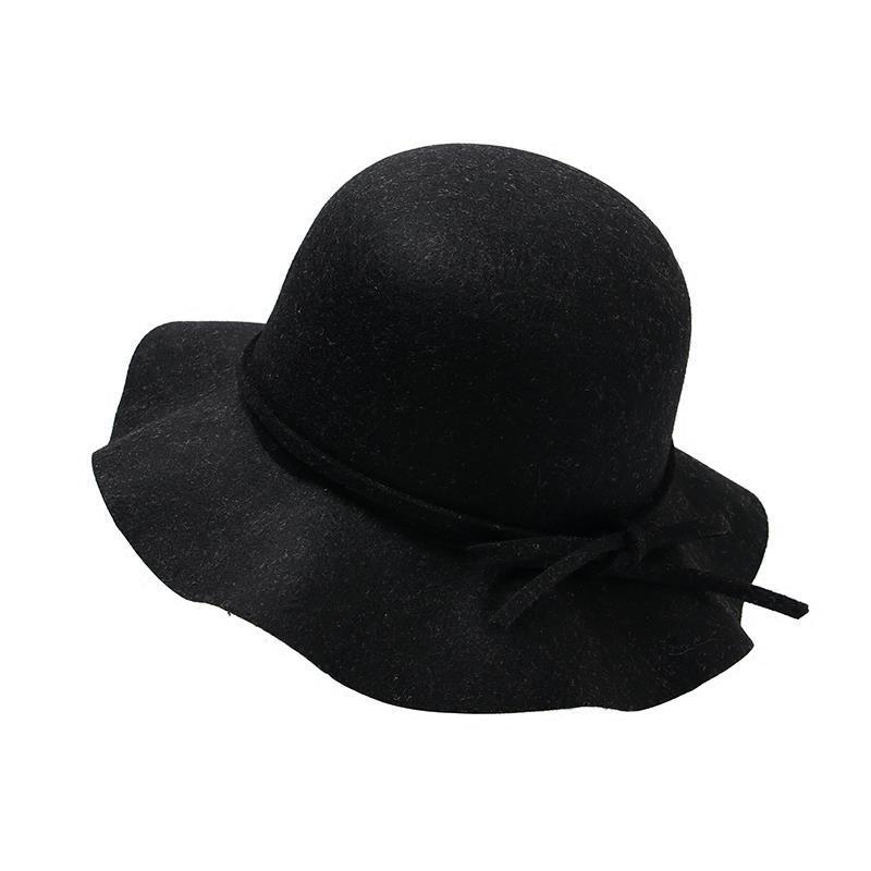 Autumn and winter wavy edge bow strap woolen hat basin hat retro casual versatile temperament top hat woman