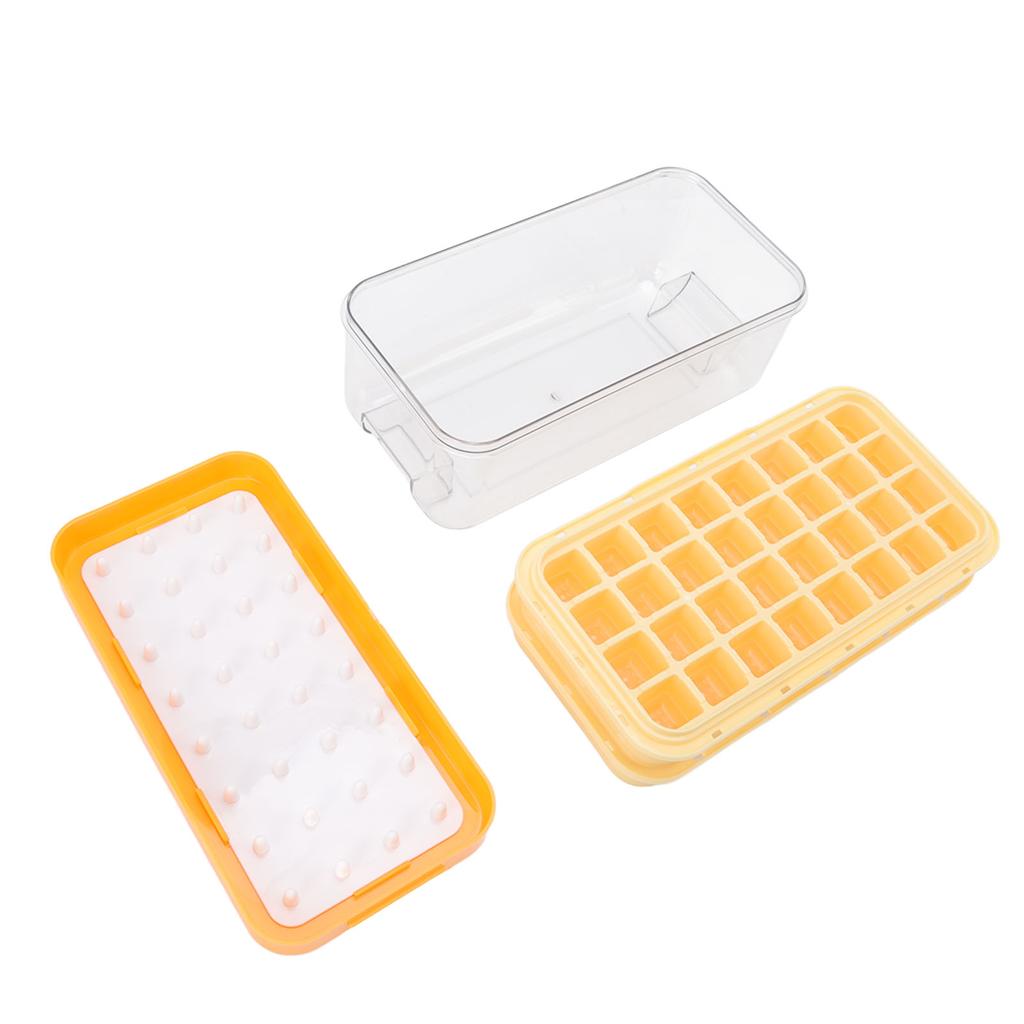 Ice Cubes Tray Molds Bin with Lid Ice Scoop Storage Bin and Storage 2 Layers 64 Cubes Silicone Easy Release Yellow
