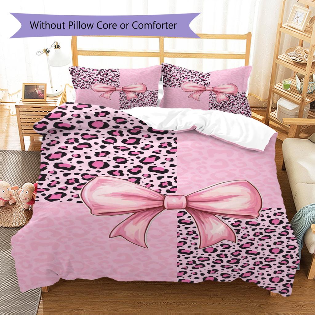 Pink Bowknot Leopard Pattern Bedding Quilt Set Quilt Cover Pillowcase Home Decoration Gift (1 * duvet cover + 2 * pillowcase, without core)