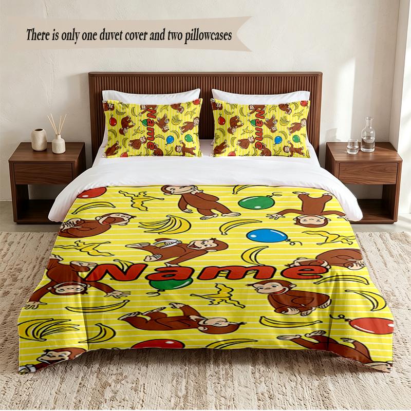 Curious George Personalized Custom Name 3‑Piece Bedding Set Soft Duvet Cover Set For Bedroom Home Decor