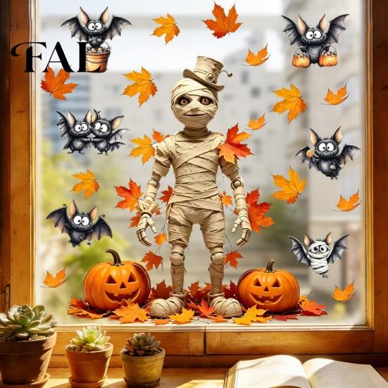 Retro Style Pumpkin Bat Wall Decor 2PCS Halloween Sticker, Werewolf/Witch/Clown Horror Pattern Print, Self-adhesive Indoor Murals Waterproof