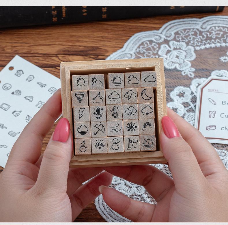 25-Piece Retro Wooden Weather Expression Stamp Set for DIY Journals & Crafts