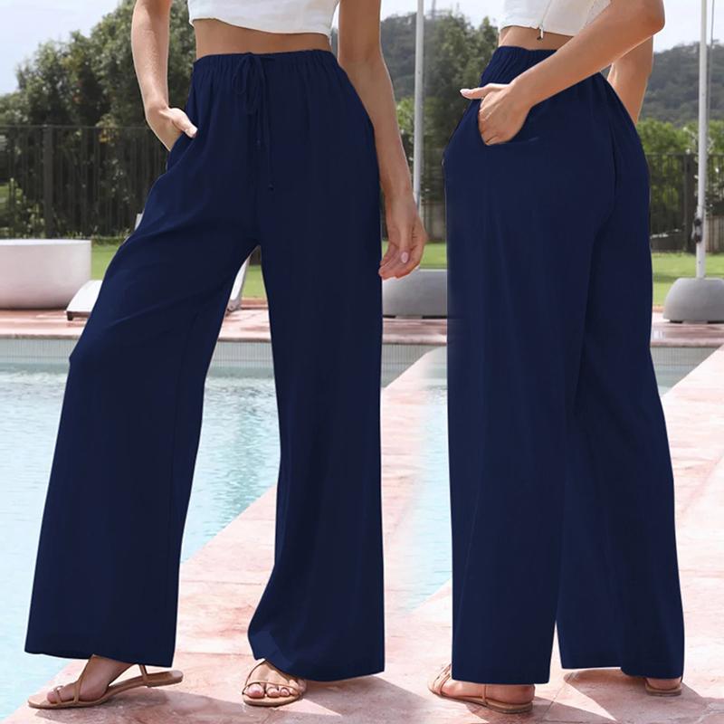 Женские элегантные хлопковые льняные однотонные свободные брюки с широкими штанинами на шнуровке Брюки с эластичной резинкой на талии