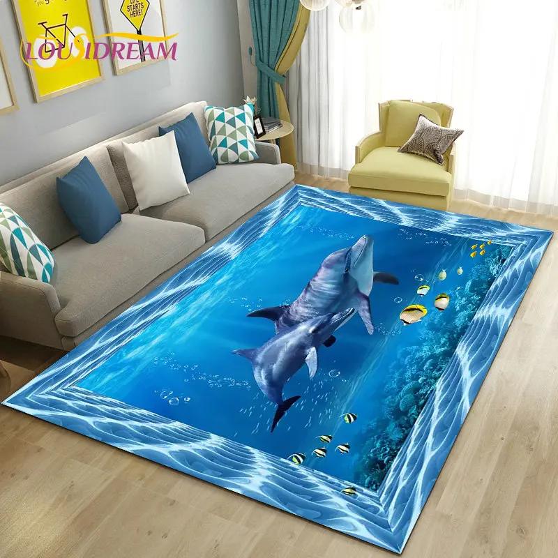 3D иллюзия морского дна, подводный мир, коврик с дельфином и акулой, ковер для гостиной, спальни, дивана, коврик, нескользящий напольный коврик