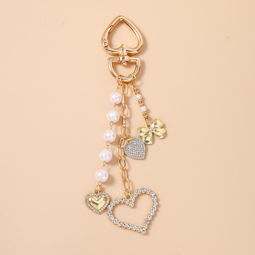 Cute Love Heart Cherry Keychain Women Girls Crystal Pearl Beaded Key Ring Pendant for Handbag DIY Key Chain Jewelry Gift