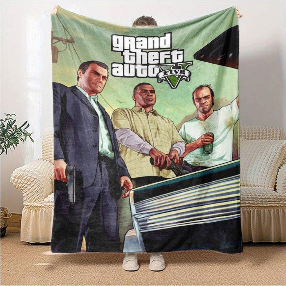 1 шт. Мягкое фланелевое одеяло Grand Theft Auto с дизайнерским принтом. Уютное одеяло для всех сезонов, идеально подходит для дивана, кровати, офиса