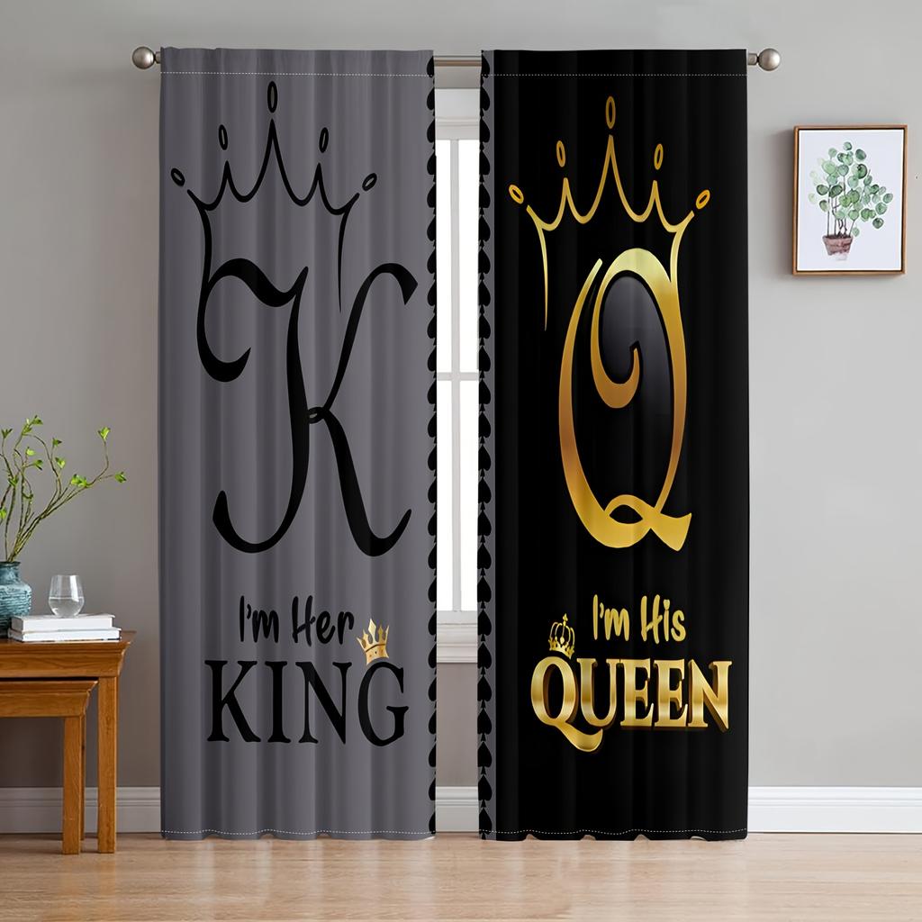 Набор из 2 современных штор для спальни King Queen, черный текст, золотая корона, абстрактный дизайн, декор гостиной, штора из полиэстера