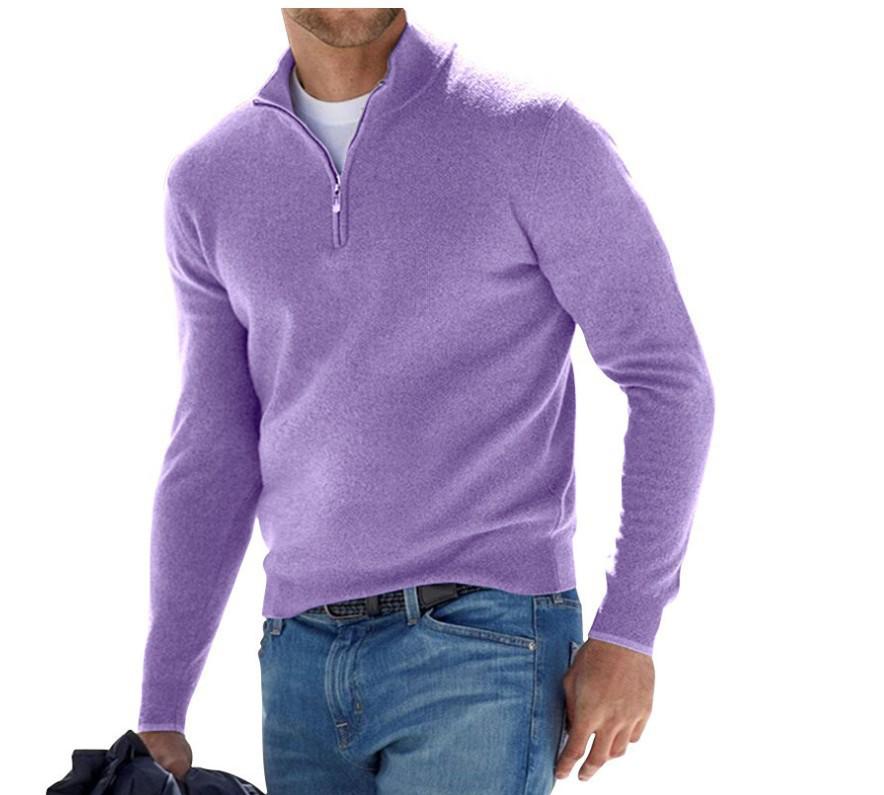 Men's Autumn Long Sleeve V-Neck Wool Polo Shirt with Plush Zipper