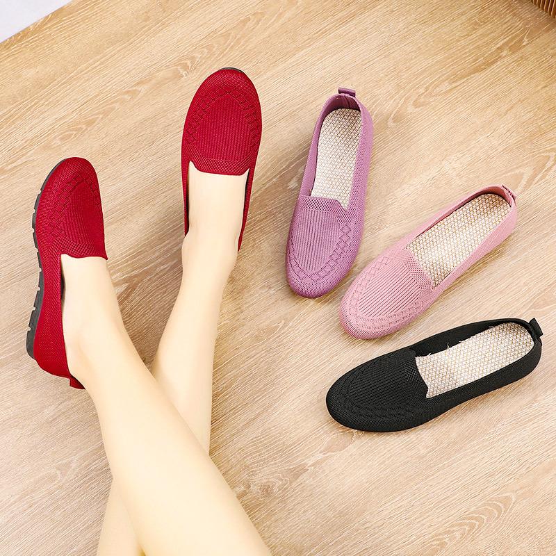 Летние одинарные туфли, женские туфли, дышащая сетка, одна педаль, старые пекинские тканевые туфли, плоские, нескользящие, тканые, для мам среднего и пожилого возраста