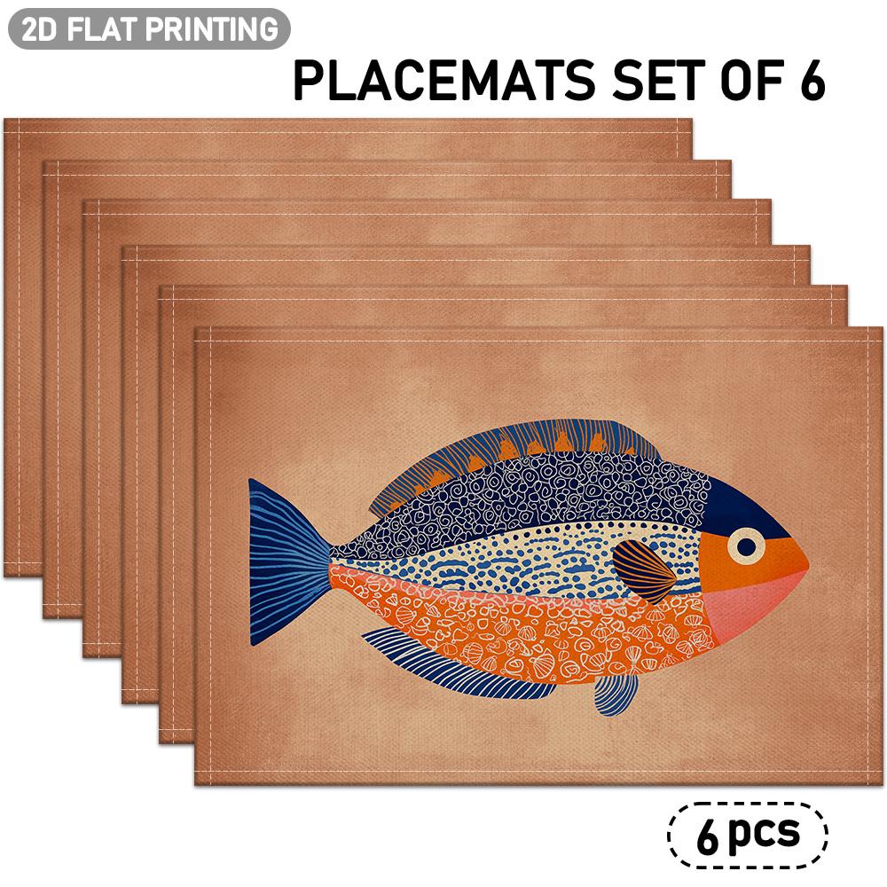 4/6pcs Set, Colorful Fish Pattern Linen Placemats, 2D Flat Design, Suitable for Indoor/outdoor Party Dining Decor, Kitchen Table Decoration, and Daily