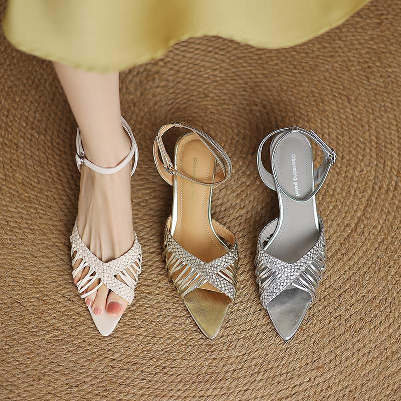 Krazing Pot Gladiator Straw Weaving Mules Summer Size 42 Wedding Party Stiletto Med Heels Women Women Peep Toe Sandals