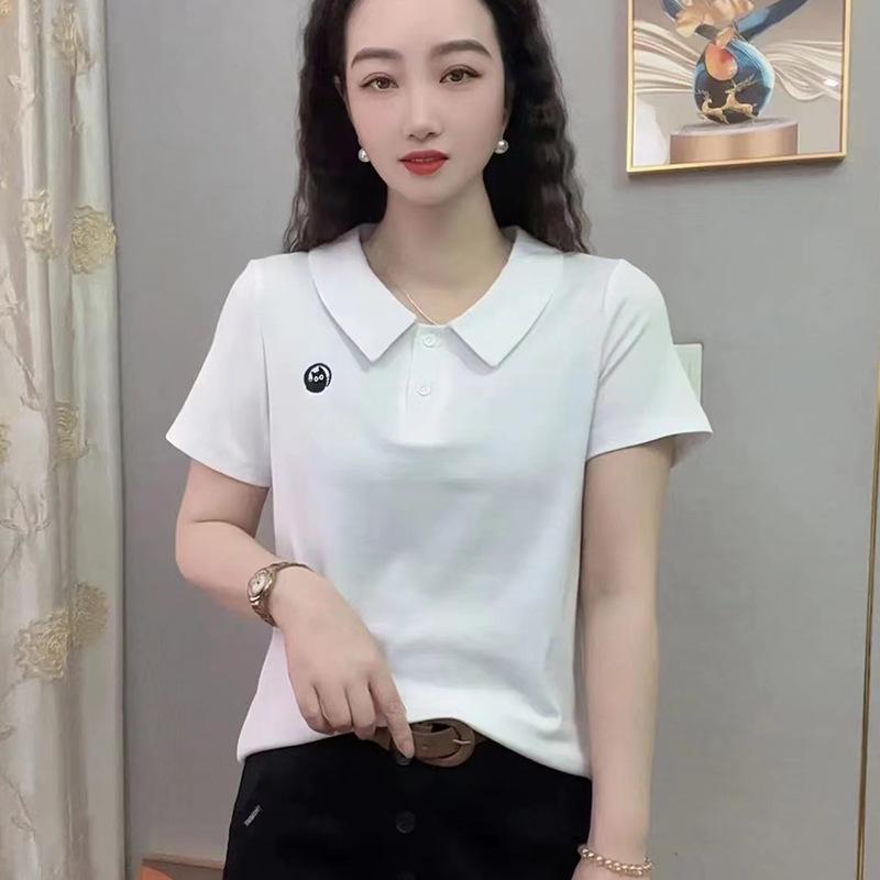 Elegant Women's Summer Cotton T-Shirt with Peter Pan Collar - Stylish Short-Sleeve Slimming Top