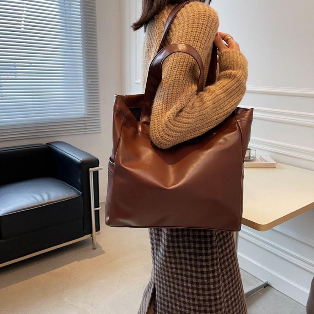 Vertical Square Large Capacity Handbag Solid Color Portable Shoulder Bag College Student