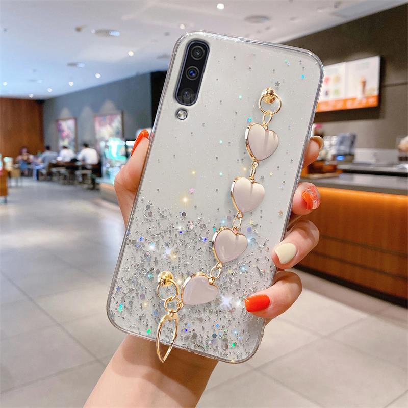Блестящий чехол с цепочкой на запястье A 50 70 30 Love Heart для Samsung Galaxy A50 A70 A30s A20 A30 A21s A20s A7 2018, силиконовый чехол для браслета