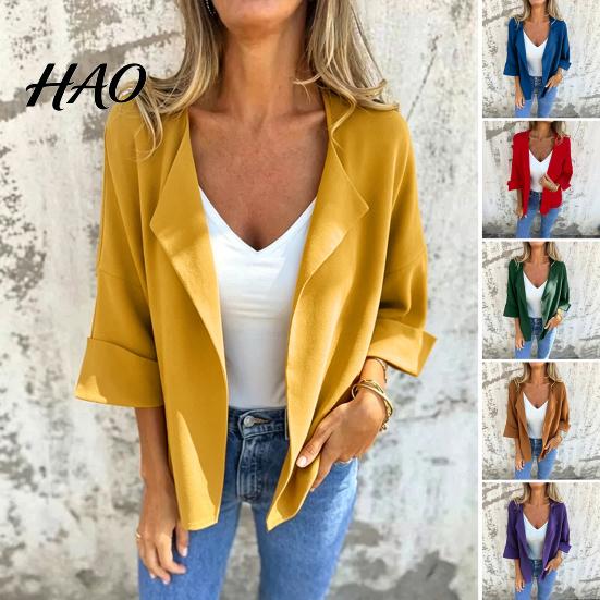 Loose Fit Women Blazer Lapel Collar Blazer, 3/4 Sleeve Open Front Business Casual Three Quarter Blazers Suit Jacket, Office Work Short for Spring Fall